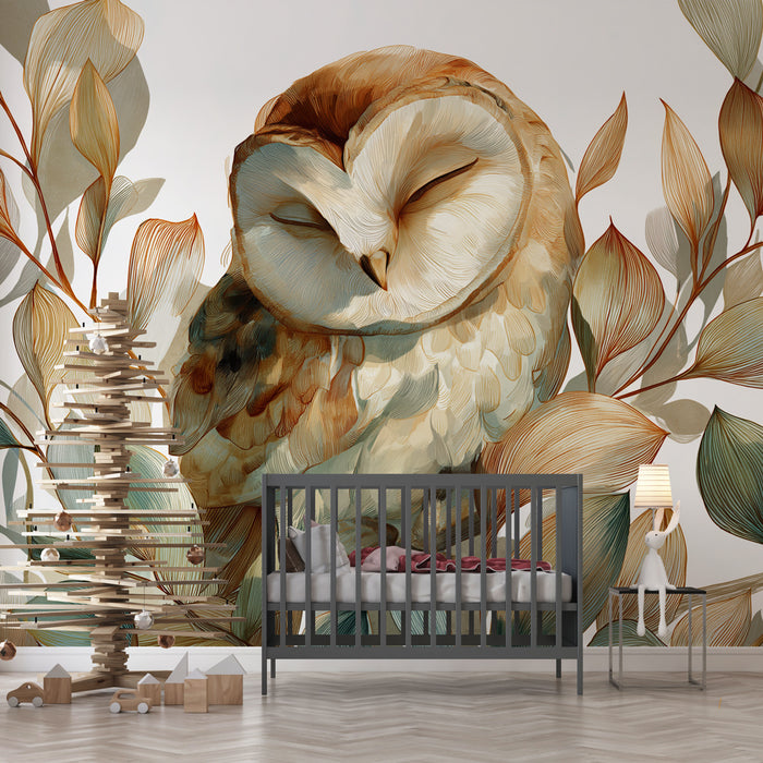 Une chambre d'enfant avec un papier peint illustrant une chouette stylisée aux teintes douces, entourée de feuilles aux couleurs naturelles, créant une ambiance apaisante et chaleureuse.