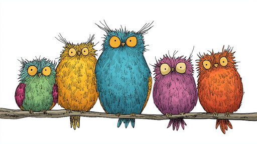 Papier peint hiboux colorés Charmants hiboux aux couleurs vives sur une branche