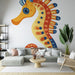 Papier peint hippocampe coloré avec motifs ludiques pour salon moderne