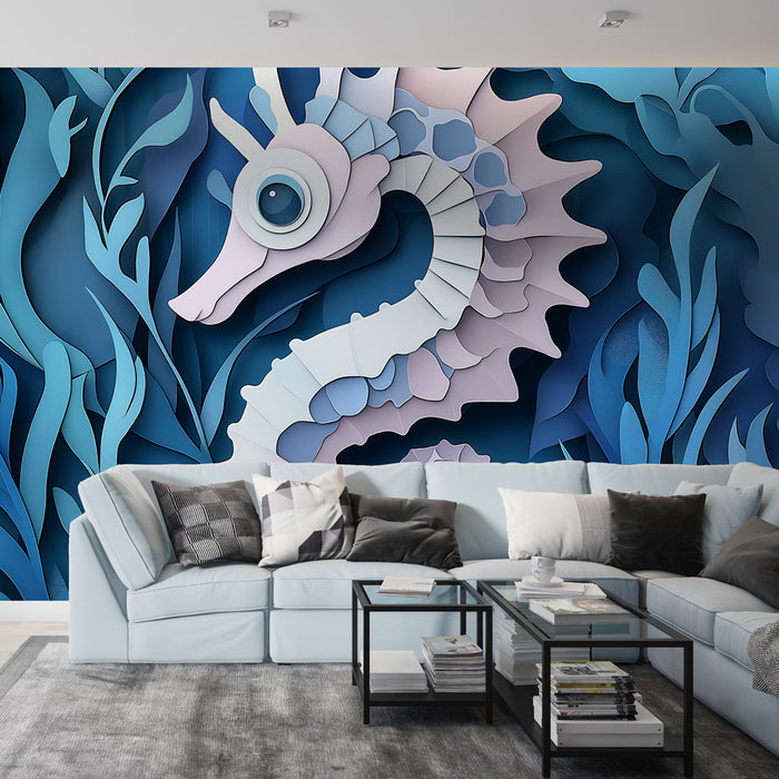 Papier peint design artistique avec hippocampe coloré et feuillage marin pour salon moderne