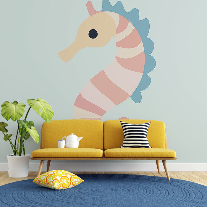 Papier peint ludique avec hippocampe stylisé et coloré pour salon moderne