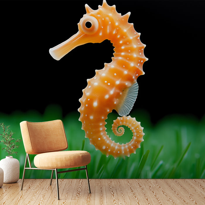 Papier peint hippocampe élégant avec hippocampe orange vibrant pour décoration murale moderne.