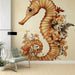 Papier peint floral avec hippocampe et motifs botaniques pour décoration murale élégante.