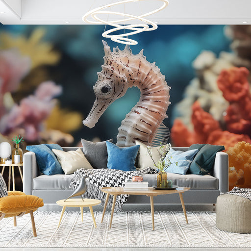Papier peint hippocampe élégant avec coraux colorés pour salon moderne