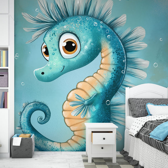 Papier peint hippocampe mignon aux couleurs aquatiques pour chambre d'enfant.