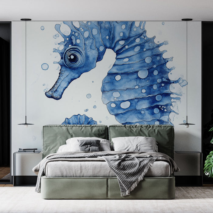 Papier peint hippocampe bleu avec illustration aquatique pour chambre moderne