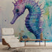 Papier peint aquarelle hippocampe coloré pour décoration murale salon moderne