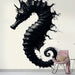 Papier peint artistique hippocampe noir sur fond blanc pour décoration murale moderne.