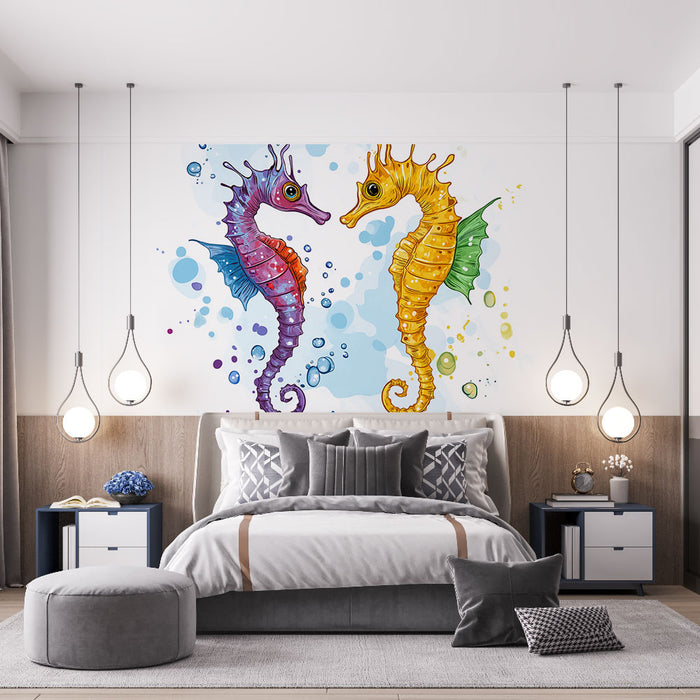 Papier peint ludique et aquatique avec hippocampes colorés pour chambre moderne