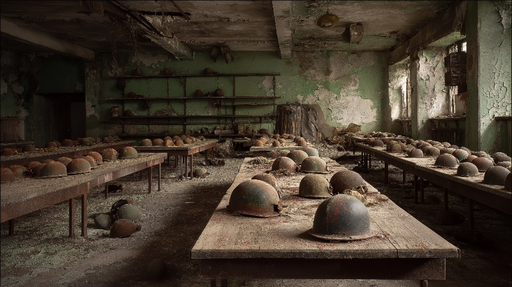 Papier peint historique Casques abandonnés dans un ancien bâtiment