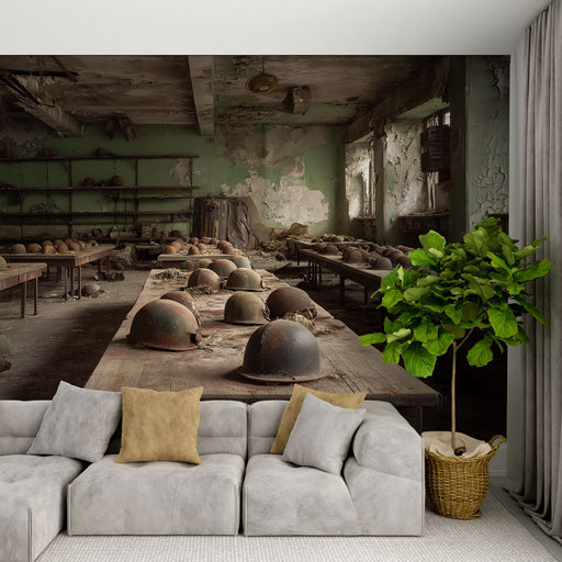 Un salon contemporain avec un papier peint représentant une scène industrielle abandonnée, où des casques rouillés sont disposés sur des tables en bois, créant une atmosphère nostalgique et intrigante.