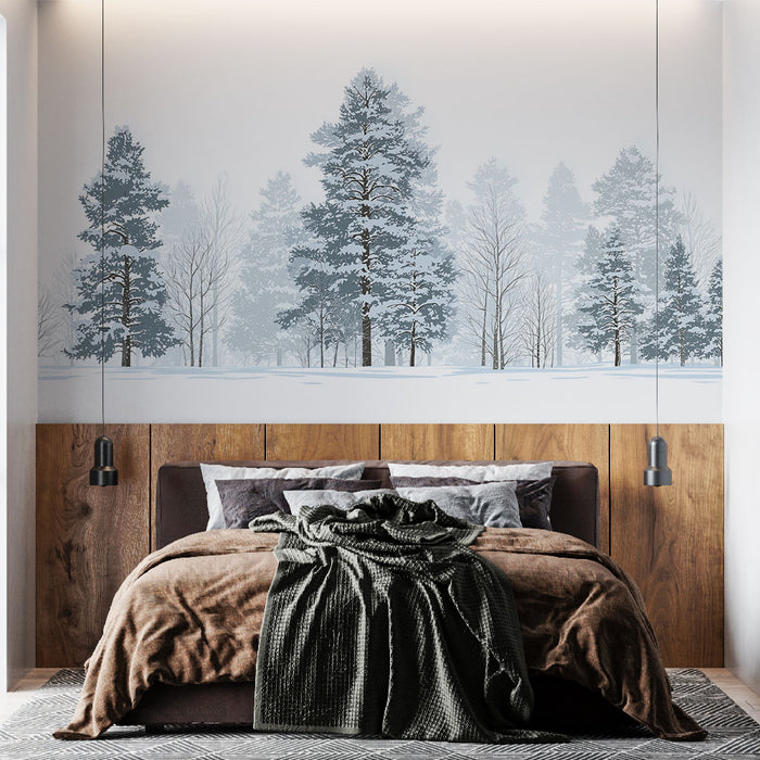 Une chambre moderne avec un papier peint représentant une forêt enneigée aux teintes douces, créant une atmosphère apaisante et hivernale.