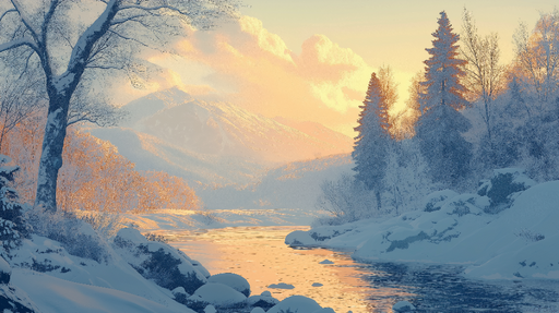 Papier peint hiver paisible Paysage enneigé au coucher de soleil