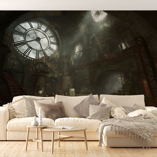 Un salon contemporain avec un papier peint représentant un décor industriel sombre, mettant en avant de grands rouages et une horloge majestueuse, créant une atmosphère mystérieuse et fascinante.