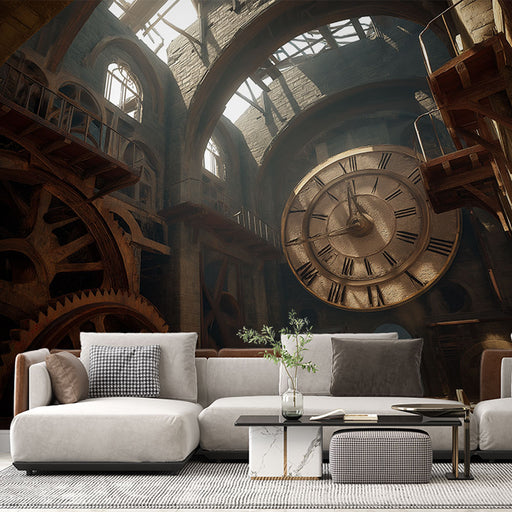 Un salon contemporain avec un papier peint représentant un mécanisme d'horloge industriel, mêlant bois et métal dans des teintes sombres, créant une ambiance mystérieuse et fascinante.