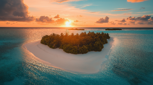 Papier peint ile tropicale Coucher de soleil sur une plage de sable blanc