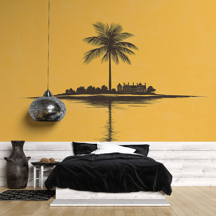 Papier peint île tropicale | Illustration minimaliste avec palmier et maison