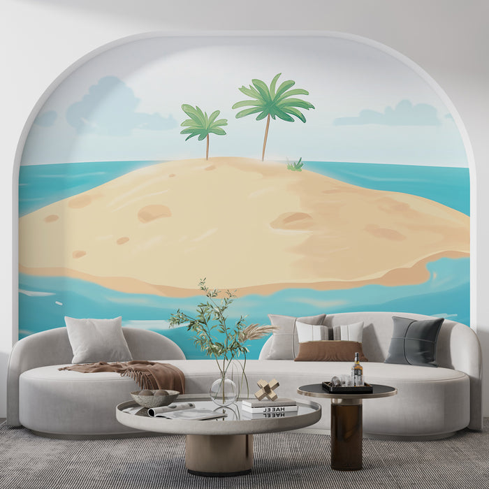Papier peint île tropicale | Îlot de sable avec palmiers luxuriants