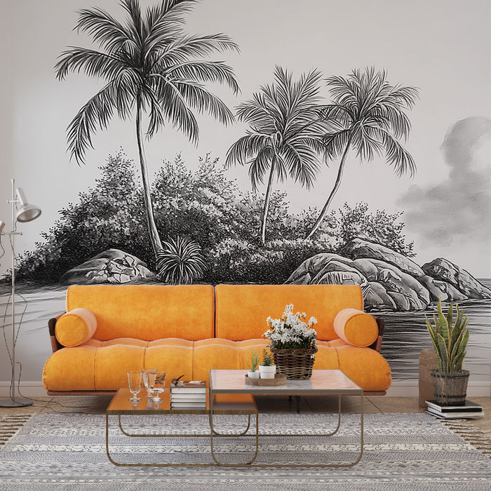 Un salon moderne avec un papier peint représentant des palmiers et des rochers en noir et blanc, créant une ambiance tropicale et apaisante.