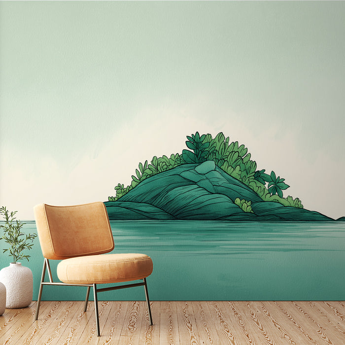Une pièce moderne avec un papier peint représentant une île stylisée aux teintes vertes et bleues, évoquant une ambiance apaisante et naturelle.