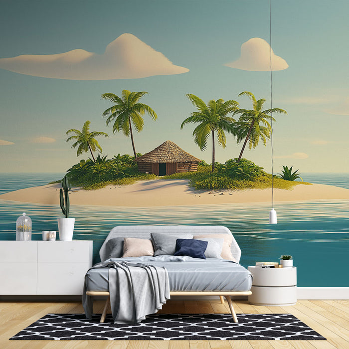 Une chambre moderne avec un papier peint tropical représentant une île paradisiaque, des palmiers et une cabane, évoquant une atmosphère relaxante et estivale.