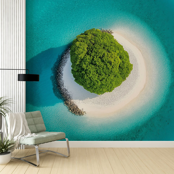 Papier peint île tropicale | Vue aérienne d'une île aux eaux turquoise