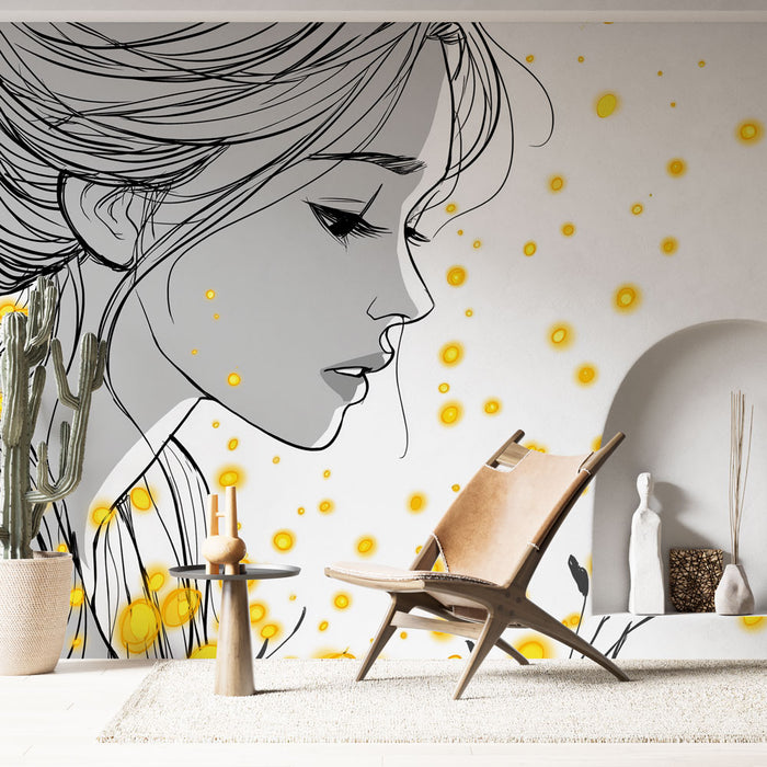 Une pièce moderne avec un papier peint artistique représentant un visage féminin en traits noirs, agrémenté de touches jaunes évoquant une ambiance douce et poétique.