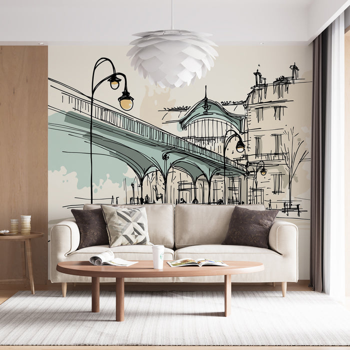 Un salon moderne avec un papier peint illustratif représentant un pont et des bâtiments parisiens aux teintes douces et lignes épurées, créant une ambiance artistique et élégante.