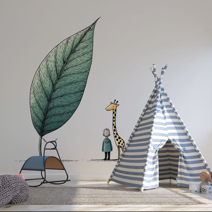 Une chambre d'enfant avec un papier peint illustratif représentant un grand feuillage et une girafe, créant une ambiance ludique et imaginative.