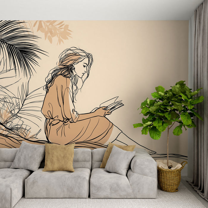 Une salle de séjour moderne avec un papier peint illustratif représentant une femme lisant, entourée de feuillages stylisés, créant une atmosphère douce et contemplative.