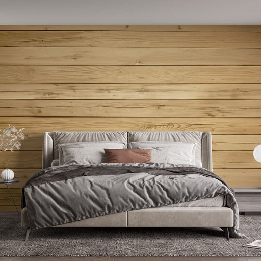 Une chambre moderne avec un papier peint en bois clair aux lattes horizontales, créant une atmosphère chaleureuse et naturelle.