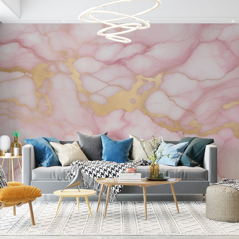 Papier peint effet marbre rose | Veinages dorés
