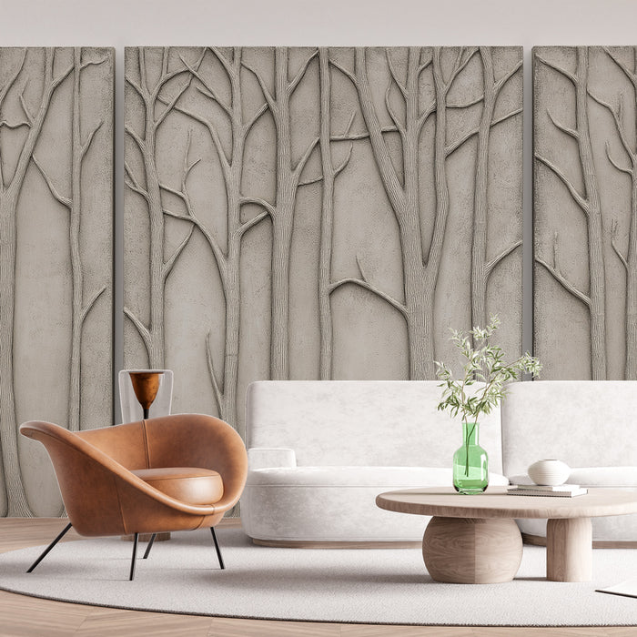 Un salon moderne avec un papier peint texturé représentant des arbres en relief dans des tons neutres, créant une atmosphère apaisante et naturelle.