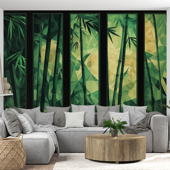 Une pièce moderne avec un papier peint représentant des bambous stylisés en vert et jaune, créant une atmosphère apaisante et naturelle.