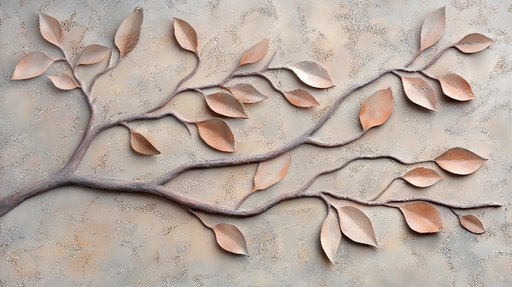 Papier peint imitation tableau Branche élégante avec feuilles en métal cuivré