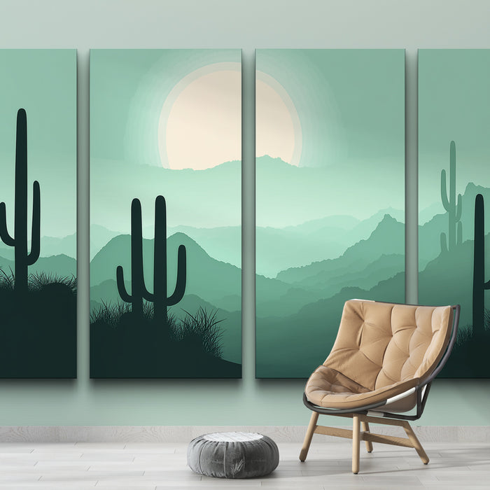 Une pièce moderne avec un papier peint représentant un paysage désertique en dégradé de vert, agrémenté de cactus et d'une ambiance sereine.