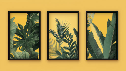 Papier peint imitation tableau Cadres décoratifs aux motifs de feuillage sur fond jaune