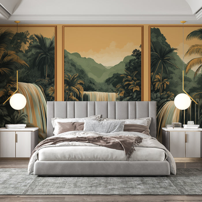 Papier peint imitation tableau | Cascades luxuriantes et palmiers tropicaux sur fond doré