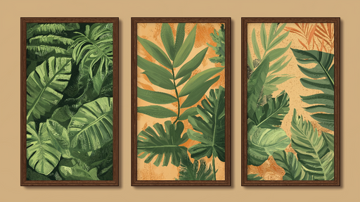 Papier peint imitation tableau Design luxuriant de feuilles vertes sur fond chaud