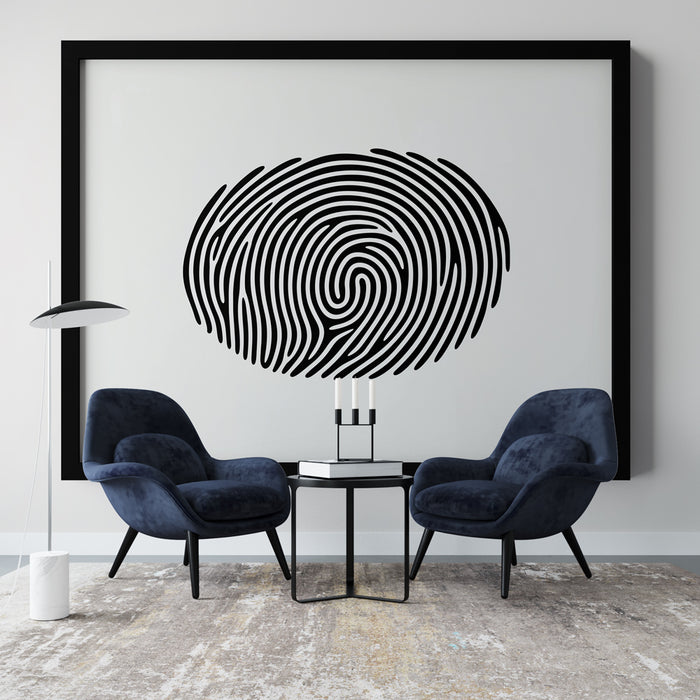 Un salon contemporain avec un papier peint graphique représentant un motif de doigt noir sur fond blanc, créant une ambiance moderne et artistique.