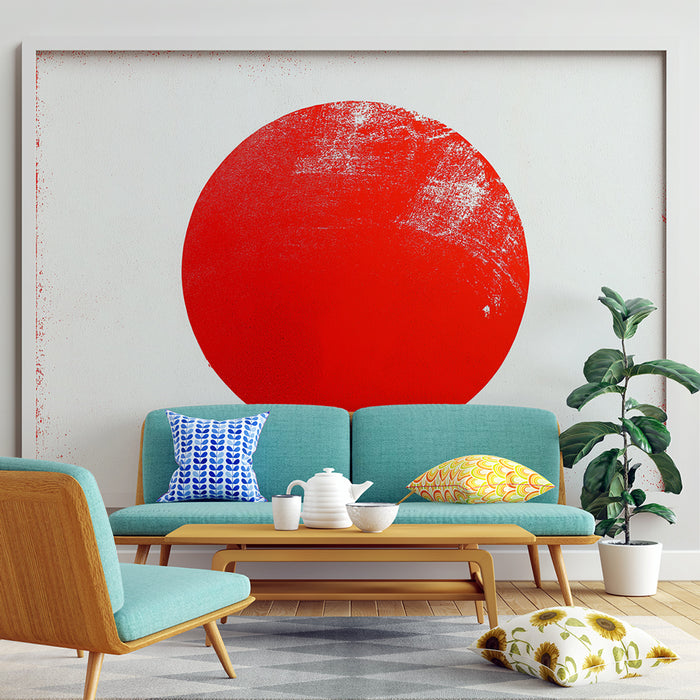 Un salon contemporain avec un papier peint minimaliste représentant un grand cercle rouge sur fond clair, créant une atmosphère dynamique et artistique.