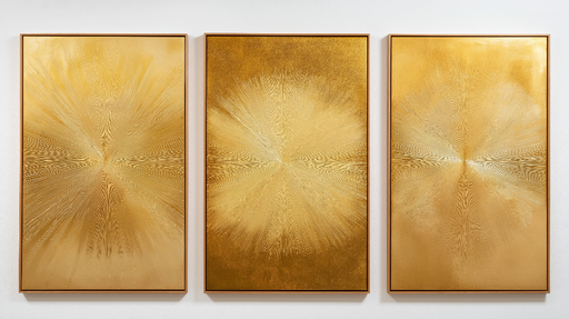 Papier peint imitation tableau doré Éclats de lumière dorée en trois panneaux