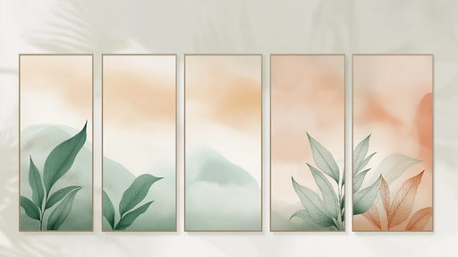 Papier peint imitation tableau Douces teintes de vert et d'orange avec motifs de feuilles