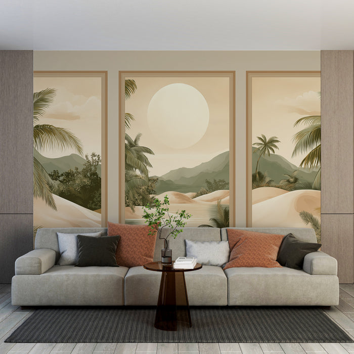Papier peint imitation tableau | Dunes dorées et palmiers luxuriants sous un soleil éclatant