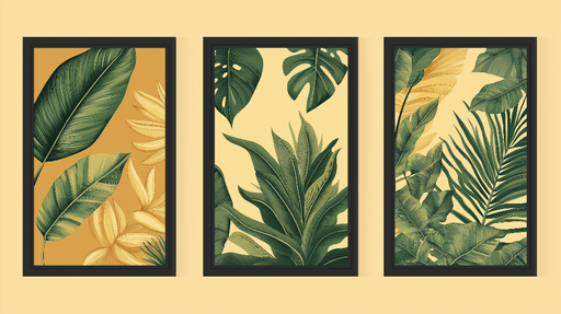 Papier peint imitation tableau Élégants motifs de feuilles tropicales sur fond chaleureux