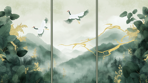 Papier peint imitation tableau Éléments naturels en harmonie délicate avec des grues et des montagnes mystérieuses