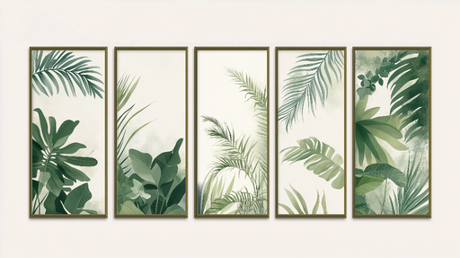 Papier peint imitation tableau Ensemble de feuilles vertes artistiquement mises en valeur dans des cadres élégants