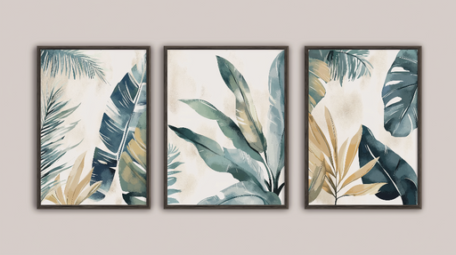 Papier peint imitation tableau Ensemble de feuilles vertes et dorées sur fond clair