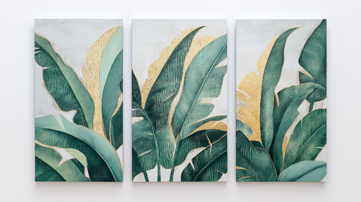 Papier peint imitation tableau Feuillage tropical avec éclats dorés