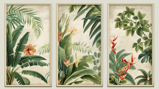 Papier peint imitation tableau Feuillage tropical luxuriant avec éléments floraux
